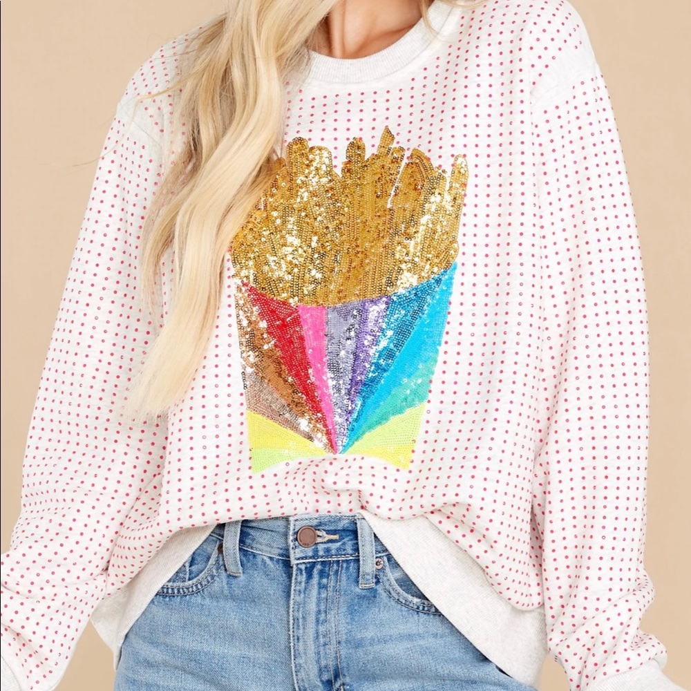 QUEEN OF SPARKLES FUNKY FRY GREY SWEATSHIRT SIZE SMALL